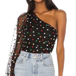 Camila Coelho Black One-Shoulder Top with Colorful Dots